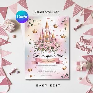 Princess 1st Birthday Party Invitations, One-ce Upon a Time First Birthday Invitation, Pink Girl First Birthday Editable Invitation