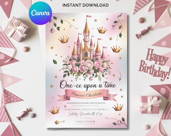 Invito per il primo compleanno della principessa: castello rosa, modello Canva modificabile (file digitale)