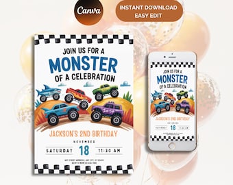 Monster Truck Birthday Invitation: Editable Canva Template (Digital Download)