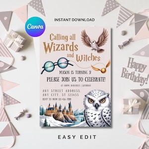 Editable Wizards Witches Birthday Invitation, Magical Birthday Invite, Magic School Wizardry Birthday Party, Printable Template Digital