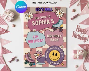 Retro Roller Skate Birthday Invitation Template: Daisy Rainbow Party (Digital File)