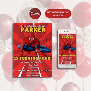 Spiderman Birthday Invitation, Printable Editable Party Invite Perfect for Kids Birthday, Superhero Birthday Spiderman Celebration Invite