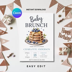 Editable Blueberry Baby Brunch Baby Shower Invitation, Blueberry Pancake Baby Shower Invite, Blueberry Baby Shower Brunch