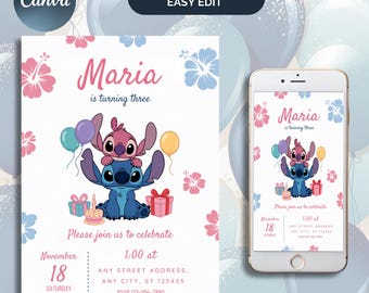 Stitch and Angel Birthday Invitation, Editable Stitch Birthday Invitation, Digital Party Invite, Stitch Birthday Party Invitation Printable