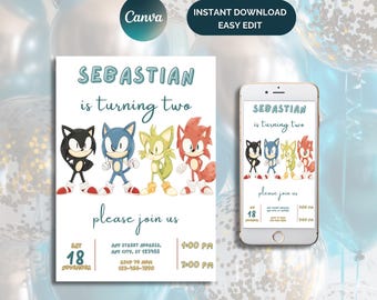 Aquarell Sonic Geburtstagseinladung: Bearbeitbare Canva Vorlage (Digitaler Download)