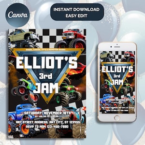 Bewerkbare Monster Truck-verjaardagsuitnodiging voor jongens, GRATIS bedankkaart, telefoonuitnodiging canva-sjabloon, Monster Truck-themafeestuitnodiging