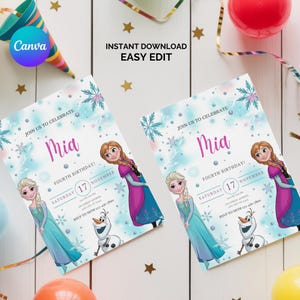 May include: Two birthday party invitations featuring the characters Elsa, Anna, and Olaf from the movie Frozen. The invitations are light blue with snowflakes and the name "Mia" in pink. The text "Instant Download Easy Edit" is at the top.