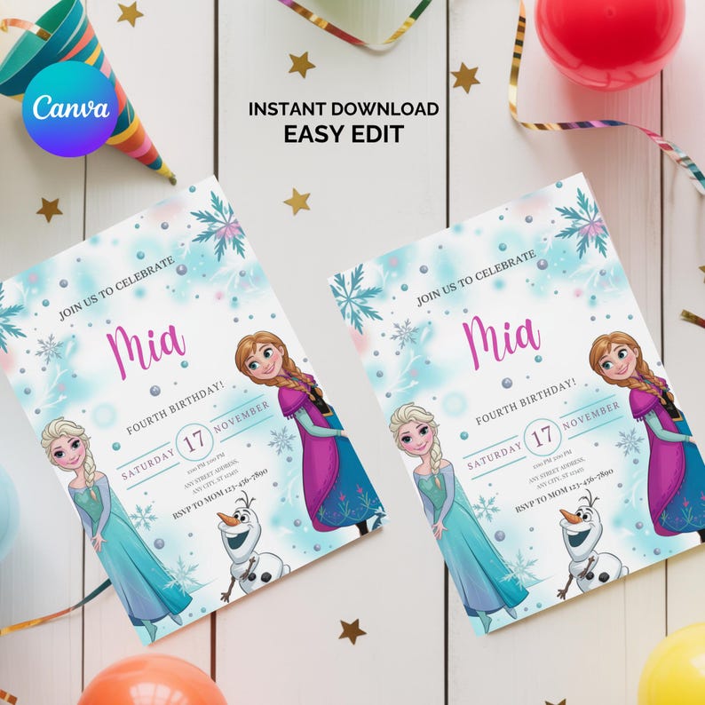 May include: Two birthday party invitations featuring the characters Elsa, Anna, and Olaf from the movie Frozen. The invitations are light blue with snowflakes and the name "Mia" in pink. The text "Instant Download Easy Edit" is at the top.