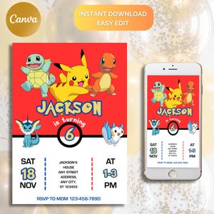 May include: A red and white birthday invitation with a Pokemon theme. The invitation features Pikachu, Bulbasaur, and Charmander. The text on the invitation reads "Jackson is turning 6". The invitation also includes the date and time of the party, as well as the RSVP information.