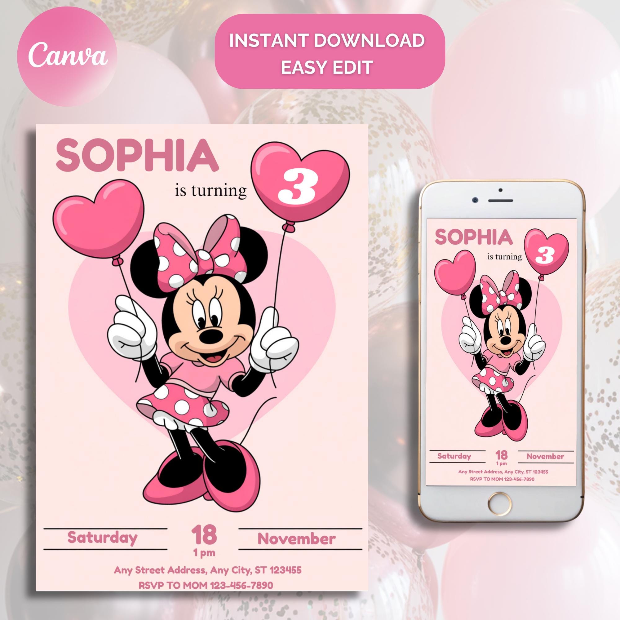 Pink Minnie Mouse Birthday Invitation: Editable Canva Template (digital ...