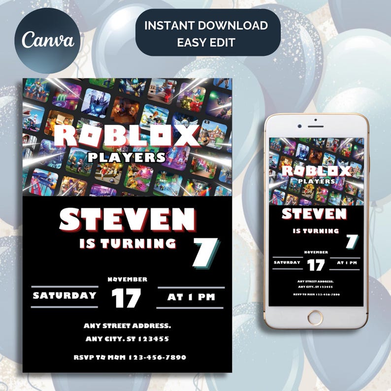 May include: A black and red birthday invitation featuring a montage of Roblox game screenshots. The invitation reads "Roblox Players" and "Steven is turning 7". The date is Saturday, 17th November at 1 PM. The invitation also includes a phone number for RSVP.