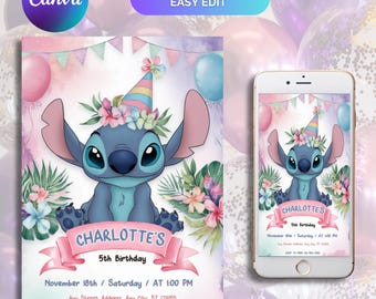 Stitch Editable Birthday Invitation, Printable Birthday Party Evite, Stitch Digital Kids Party Invite, Editable Canva Template, Download