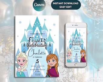 Frozen Birthday Invitation: Elsa Winter Party, Editable Canva Template (Digital Download)