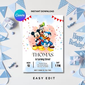 Mickey Mouse Birthday Invitation, Mickey and His Friends Party Invite, Editable & Printable Template, Customizable in Canva, Kids Invite