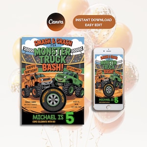 Bewerkbare Monster Truck verjaardagsuitnodiging voor jongens, gratis bedankkaart, telefoon uitnodiging canva sjabloon, Monster Truck thema feestuitnodiging