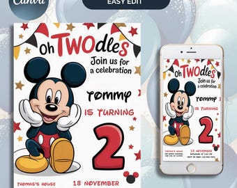 Mickey Mouse Twodles Einladung: 2. Geburtstag, bearbeitbare Vorlage (Digitale Datei)