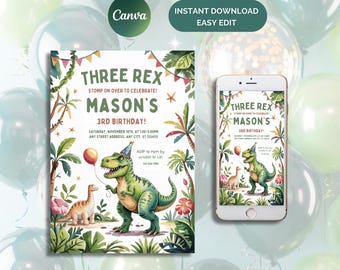 May include: A digital invitation for a child's third birthday, featuring a green dinosaur holding a balloon. The invitation includes the text "THREE REX" and "MASON'S 3RD BIRTHDAY!" with event details. A smartphone displays the same design.