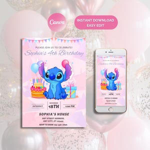 Stitch Birthday Invitation, Blue Tropical Party, Blue Stitch Invitation, Boy Stitch Invitation, Digital Invite, Mobile Invite