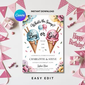 Quelle est la boule d'invitation à révéler le sexe, imprimable, garçon ou fille, invitation à une fête d'été avec crème glacée, carte, bricolage instantané, 5 x 7