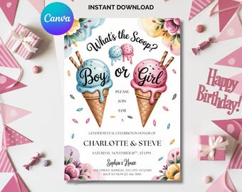 May include: A gender reveal invitation with ice cream cones, one blue and one pink, with the text "Boy or Girl". The invitation includes details for a celebration in honor of Charlotte & Steve. The words "Happy Birthday" are also visible.