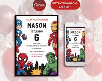 Puede incluir: Una invitación imprimible para una fiesta de cumpleaños con temática de superhéroes. La invitación presenta un fondo blanco y negro con una ciudad y dibujos animados de superhéroes, incluidos Spiderman, Hulk, Iron Man y Capitán América. El texto de la invitación dice "Calling all superheroes, Mason is turning 6".