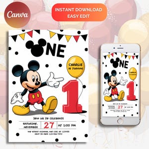 Invitation d'anniversaire modifiable Mickey Mouse, Evite d'anniversaire garçons et filles, Evite de souris mignonne, Invitation d'anniversaire numérique, fête d'anniversaire Canva