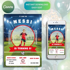 Voetbal fotoverjaardagsuitnodiging, elke leeftijd speler feest, bewerkbare digitale sjabloon, afdrukbare verjaardagskaart, mobiele Evite, Instant Download