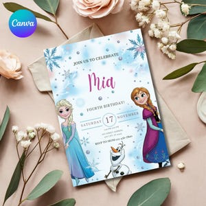 May include: A birthday invitation featuring illustrations of Elsa, Anna, and Olaf from Frozen. The invitation is light blue with snowflakes and the name "Mia" in pink. It includes the date, time, and RSVP information.