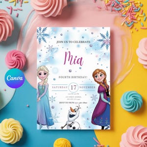 May include: A birthday invitation featuring Elsa and Anna from Frozen, with the name "Mia" in a script font. The invitation includes the date, time, and RSVP information. The background has a snowflake design and is surrounded by colorful sweets.