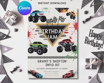 Monster Truck Birthday Invitation: Editable Canva Template (Instant Download)