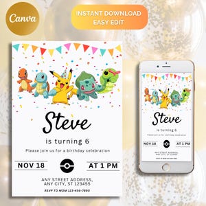 Invitación de Pokémon, invitación editable, invitación de cumpleaños para niños, descarga digital, fiesta de Pokémon, invitación de cumpleaños para niño con tarjeta de Pikachu