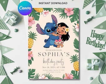 Stitch and Lilo Birthday Invitation, Editable & Printable Template, Beautiful Invitation for Your Little One&#39;s Birthday, Editable in Canva