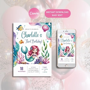Little Mermaid Invitation, Little Mermaid Birthday, Little Mermaid Party, Ariel Invitation, Ariel Birthday Watercolor Editable Invitation