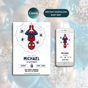 Spiderman Editable Birthday Invitation, Birthday Party Invite, Spidey Birthday Invite, Digital Kids Party Invite, Spiderman Card, Canva