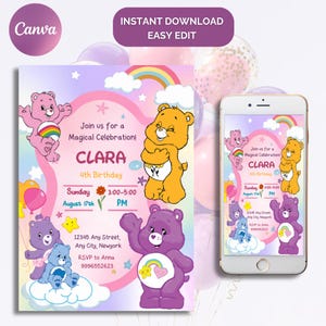 Convite de aniversário dos Ursinhos Carinhosos, convite para festa de aniversário editável para impressão, modelo de convite para festa digital, cartão de convite dos Ursinhos Carinhosos