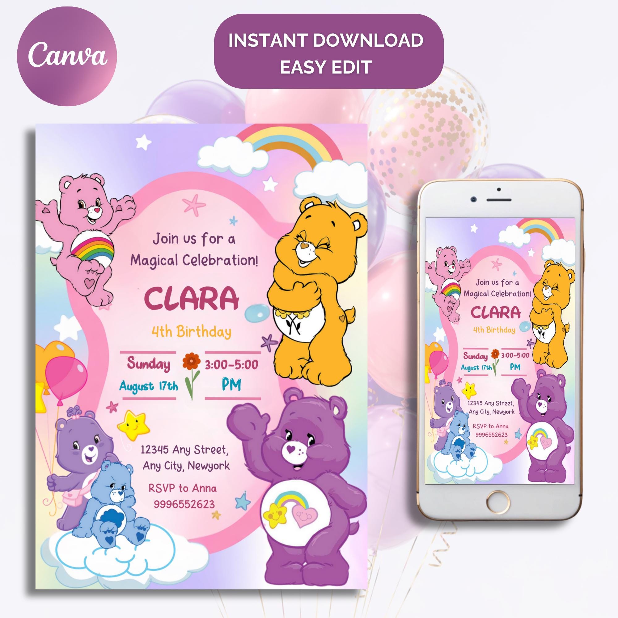 Care Bears Birthday Invitation, Printable Editable Birthday Party Invite, Digital Party Invitation Template, Care Bears Invitation Card