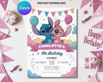 Stitch Birthday Invitation: Editable Party Invite, Canva Template (Digital File)