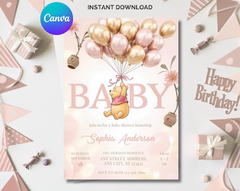 Winnie the Pooh Baby Shower Invitation: Editable Canva Template (Digital File)