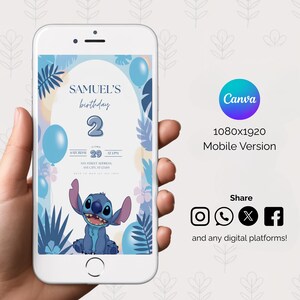 Pode incluir: Um telem&oacute;vel exibe um convite de anivers&aacute;rio com um tema azul. O convite apresenta o texto "SAMUEL'S birthday 2" e uma ilustra&ccedil;&atilde;o de uma personagem de desenho animado azul. Tamb&eacute;m s&atilde;o vis&iacute;veis &iacute;cones de partilha nas redes sociais.