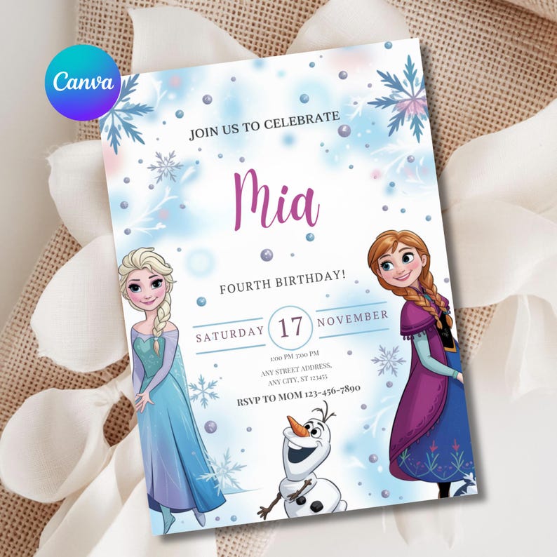 May include: A birthday invitation featuring Elsa, Anna, and Olaf from Frozen. The invitation is light blue with snowflakes and the name "Mia" in pink. It includes the date, time, and RSVP information.