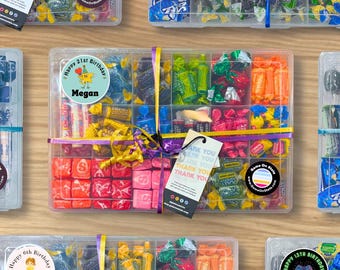 Personalized Candy Snackle Box- Custom Retro, 90's Neon, and Princess Celebration Stickers- Birthday Gift