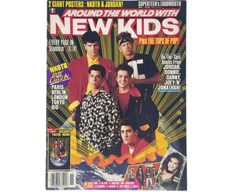 May include: A vintage Superteen magazine cover titled Around the World with New Kids featuring a group of five young men in 1990s fashion. The cover includes text highlights about posters, pop music, and quotes from the band members on a starburst background.