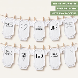 Personligt babyset med 5 eller 10 delar, anpassad milstolpsbody, nyfödd namn datum, hej världen babyshower-present, present till nybliven mamma