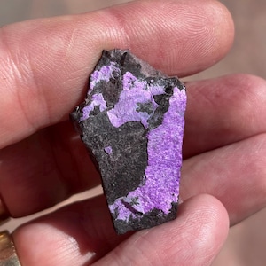 May include: A small, irregularly shaped rock with a dark gray base and a purple, iridescent coating. The rock has a rough, textured surface.