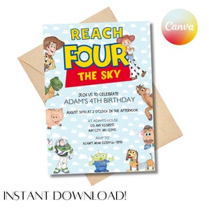 Reach Four the Sky Birthday Invite, Toy Story, 4th Birthday, Boys Birthday, Girls Birthday, Toy Story Birthday, Birthday, Digital Invite