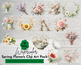 Watercolor Spring Flowers Clip Art: Floral Bouquets & Wreaths (PNG Bundle)