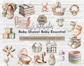 May include: Watercolor illustrations of baby shower essentials, including a crib, a rocking horse, a baby bottle, a rattle, a baby sock, a baby blanket, a baby carrier, a baby hat, a baby bib, a baby ring, a baby shoe, and a baby toy. The illustrations are in a soft, pastel color palette and are perfect for a baby shower or nursery decor.