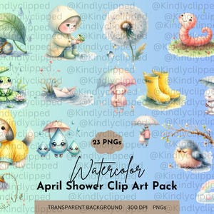 April Showers Clip Art – Cute Rain Boots, Umbrellas, Raindrops & Spring Flowers PNG Bundle for Stickers, Invitations, Scrapbooking, More