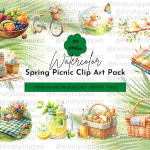 Watercolor Spring Picnic Clip Art Pack Cute Outdoor Food Nature Blossoms Relaxing Park Scene Sunny Day Family Friends Picnic Basket Fun