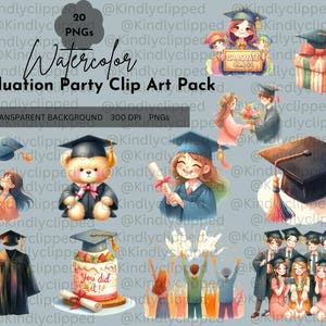 Aquarell Abschlussfeier Clip Art Pack Feier Mütze und Kleid Diplom Ballons Konfetti Glücklicher graduierter Freunde Familie Herzlichen Glückwunsch Zeichen